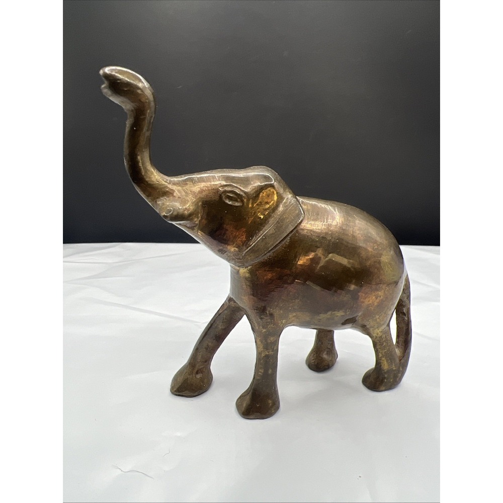 Vintage Brass Elephant Figurine Trunk Up Good Luck Statue 4.5 Inch